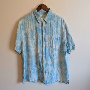 Tasso Elba Island Shirt Mens XXL Light Blue Silk Linen Tropical Pineapple Aloha